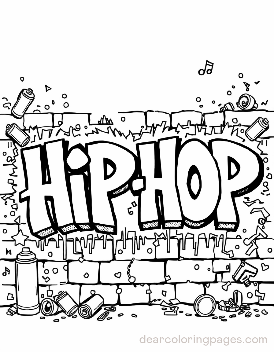 Graffiti Coloring Page - Urban Wall with Graffiti "HIP HOP"